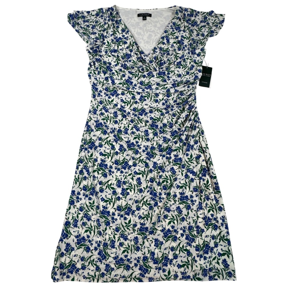 Lauren Ralph Lauren Floral Faux Wrap Dress Blue Green Women's Size 14 Boho